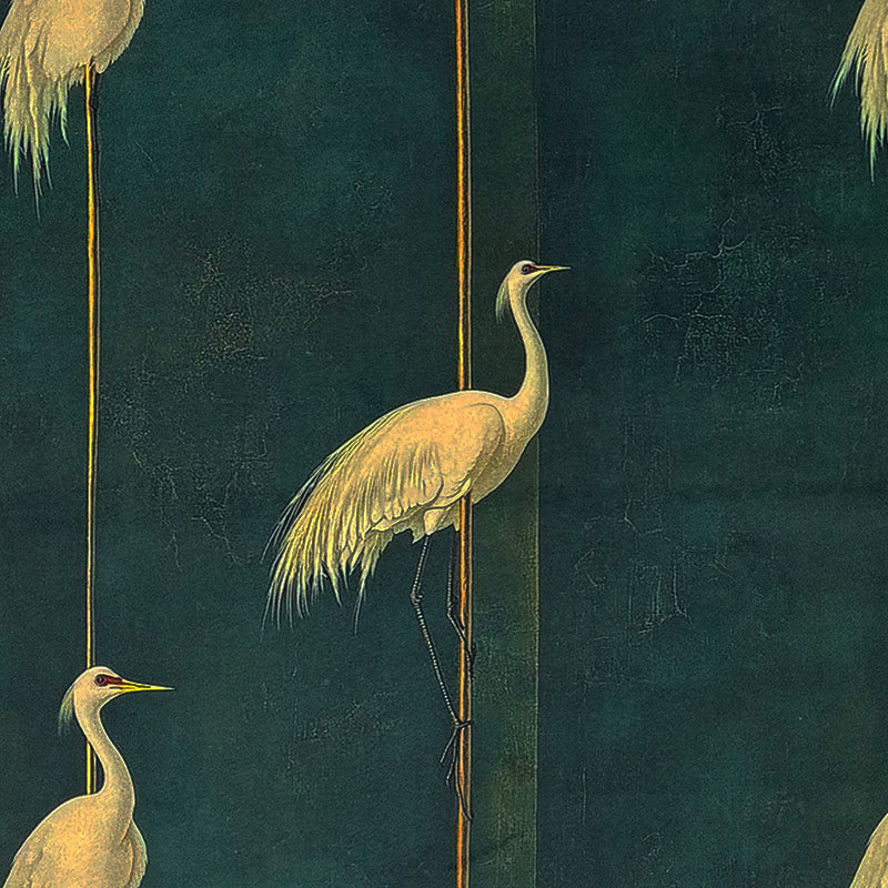 Velvet bird fabric with elegant herons on deep green background with vertical gold lines – Aviary No.2 velvet upholstery fabric