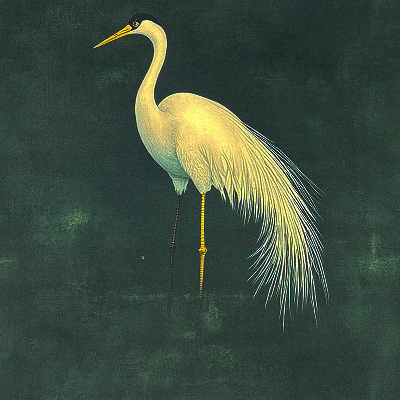 Velvet bird fabric featuring elegant heron on deep green background – Aviary No.3 velvet upholstery fabric