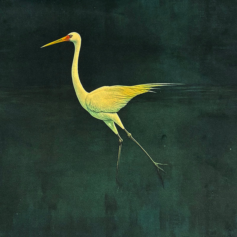 Velvet bird fabric with elegant golden heron on deep green velvet background – Aviary No.4 velvet upholstery fabric