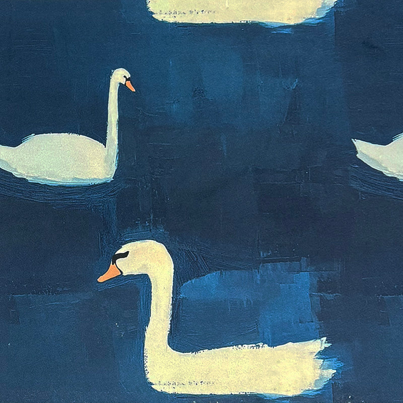 Velvet bird fabric featuring painted swan motif on deep blue velvet background – Aviary No.5 velvet upholstery fabric