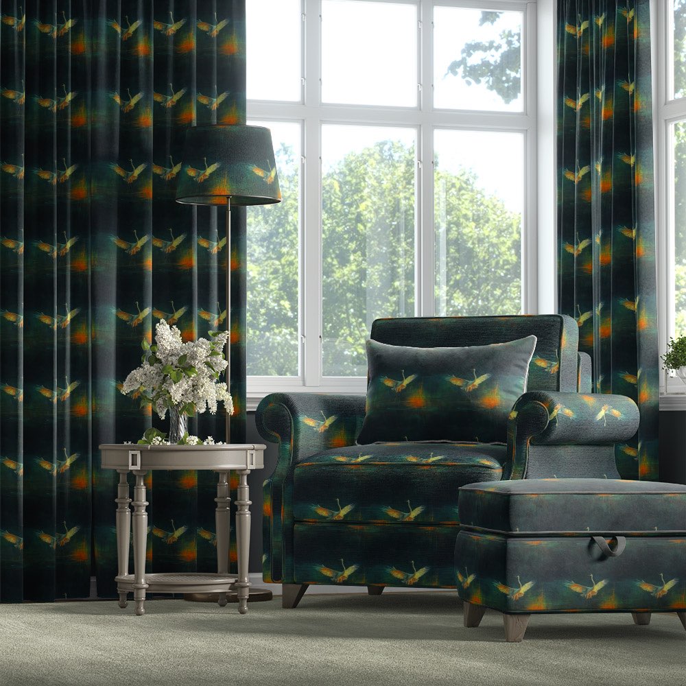Velvet bird fabric used on armchair, ottoman and curtains with crane pattern on dark green velvet – Aviary No.6 velvet bird fabric