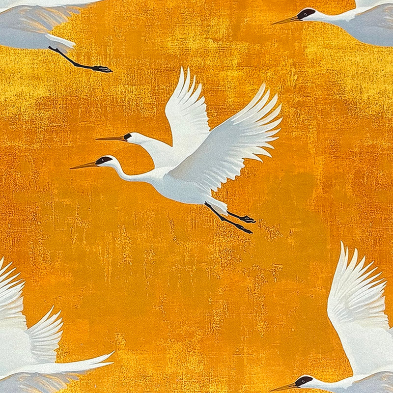 Velvet bird fabric with flying crane pattern on golden ochre velvet background – Aviary No.7 velvet upholstery fabric