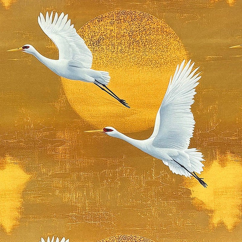 Velvet bird fabric with flying crane motif and golden sun pattern on warm ochre velvet – Aviary No.8 velvet upholstery fabric