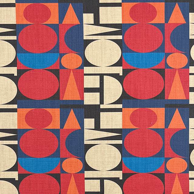 Avignon No.7 upholstery fabric with cubist pattern in red, blue, and cream – bold designer textile for modern interiors