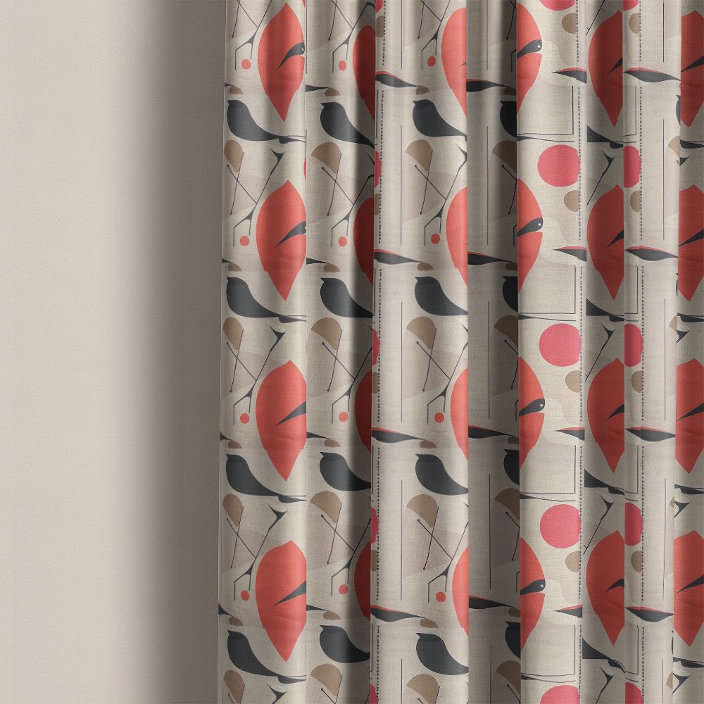 Bird curtain fabric used for patterned curtains featuring stylised birds with coral circles on neutral linen fabric