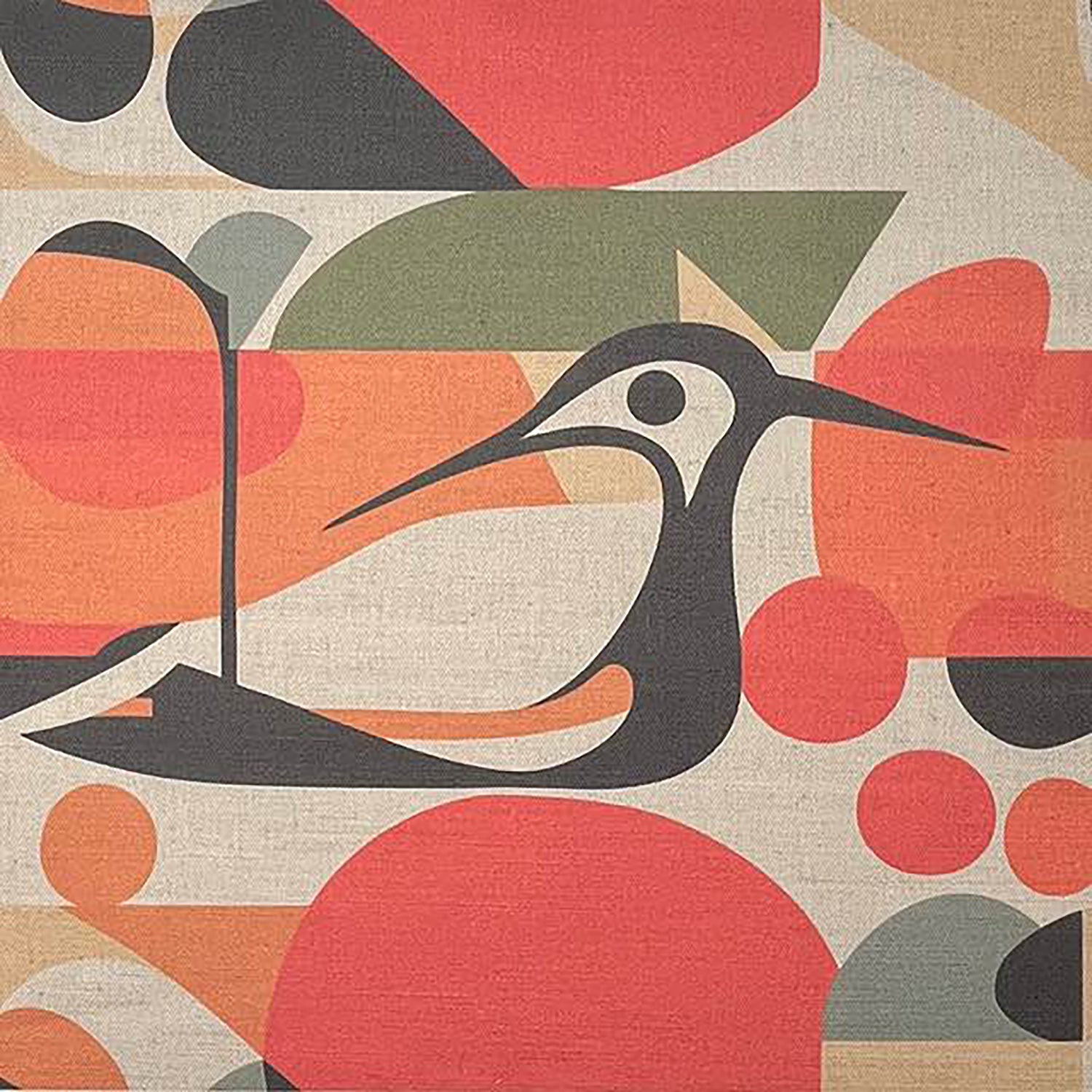 Bird curtain fabric with graphic bird illustration and coral orange abstract shapes on textured linen style cloth