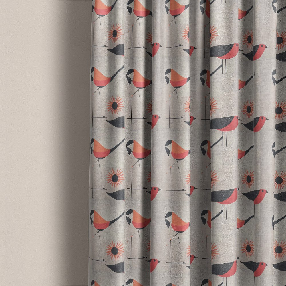 Bird curtain fabric used for patterned curtains with coral bird motifs and modern graphic design