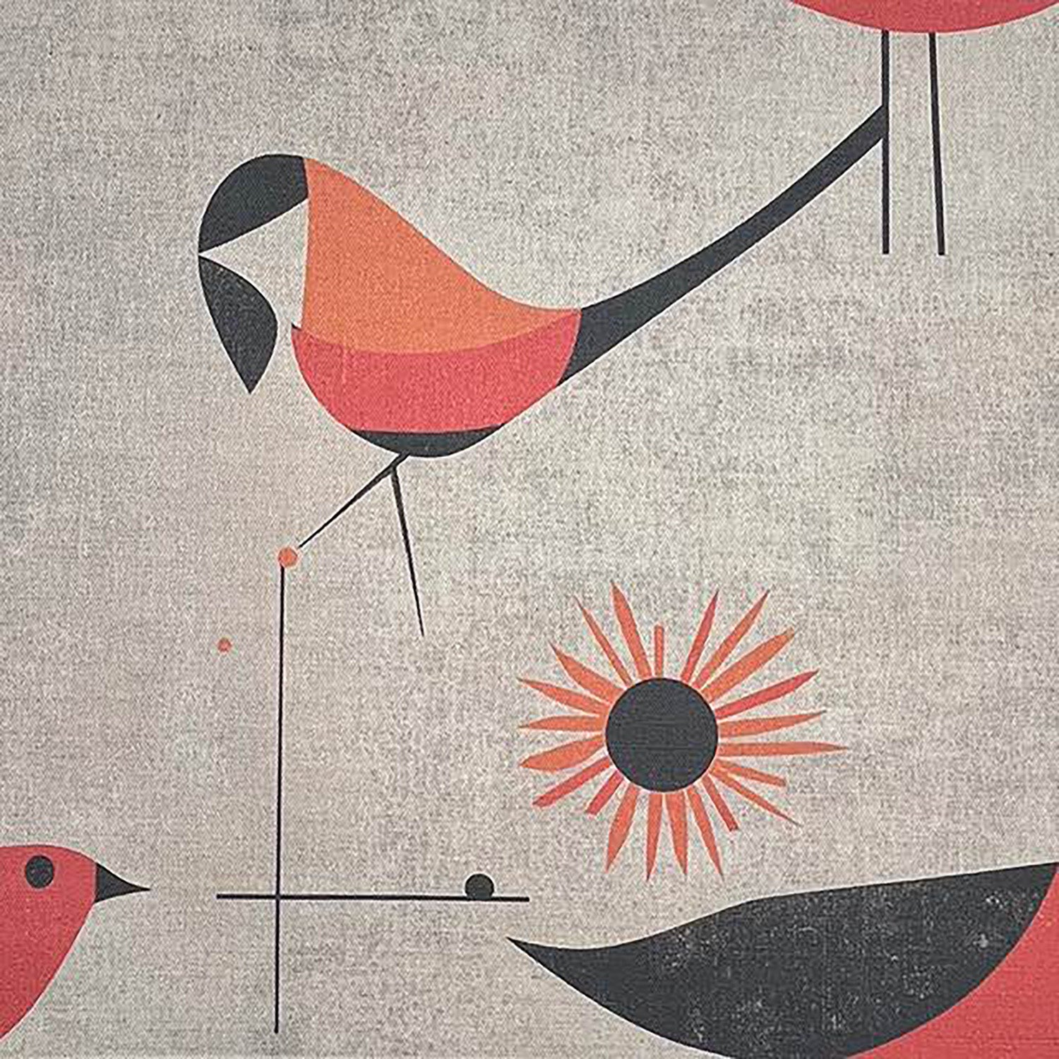 Bird curtain fabric featuring stylised coral birds with graphic sunburst details printed on textured linen fabric