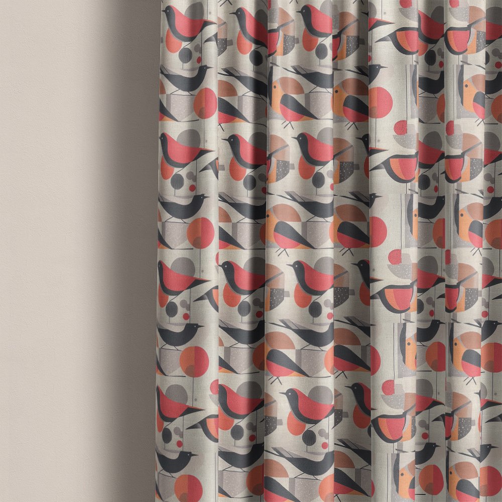 Bird curtain fabric used for patterned curtains featuring abstract birds and modern geometric design