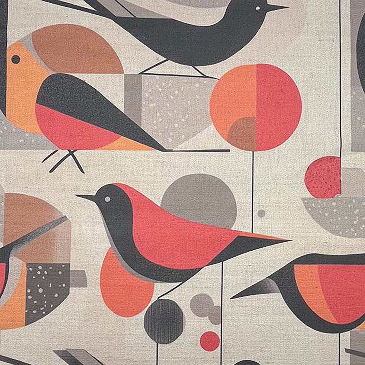Bird curtain fabric with stylised birds and geometric shapes printed on textured linen fabric