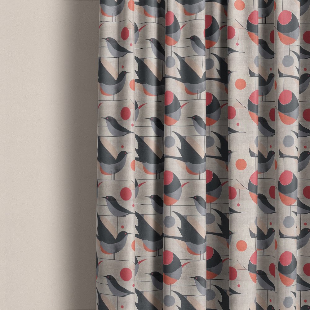 Bird curtain fabric used for modern patterned curtains featuring graphic bird motifs and circular shapes