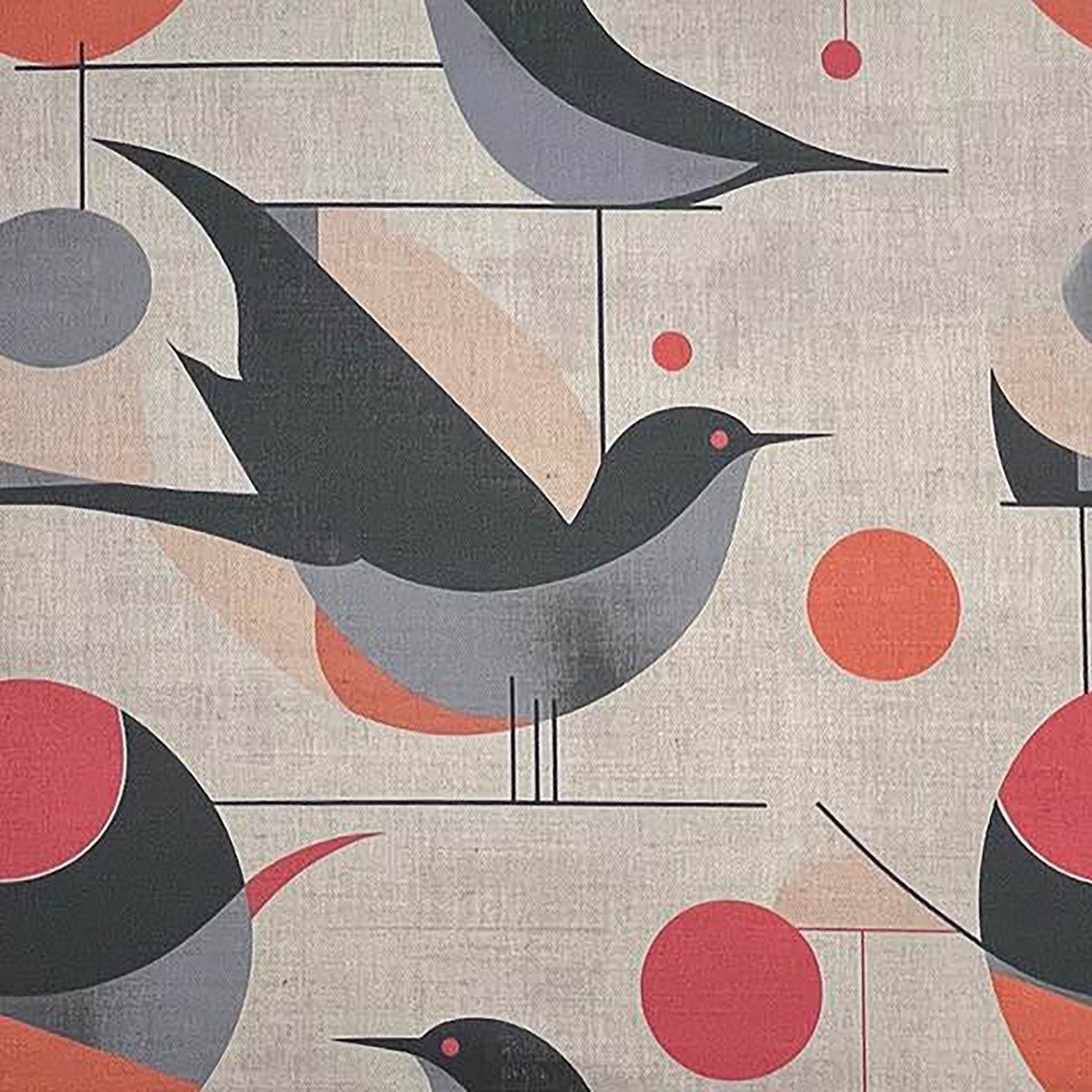 Bird curtain fabric with stylised birds and geometric circles printed on textured linen fabric
