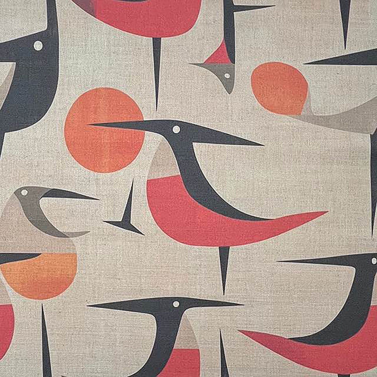 Bird curtain fabric with stylised birds and coral circular accents printed on textured linen fabric