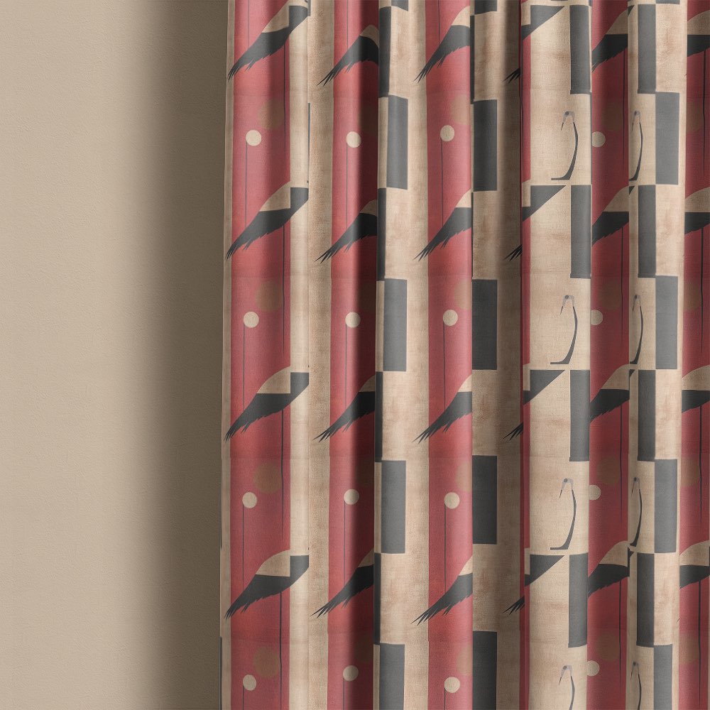 Bird curtain fabric used for patterned curtains featuring abstract birds and bold red graphic design