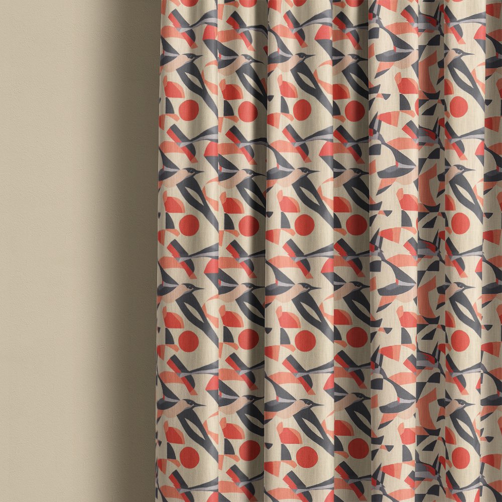 Bird curtain fabric used for patterned curtains featuring abstract birds and bold orange accents