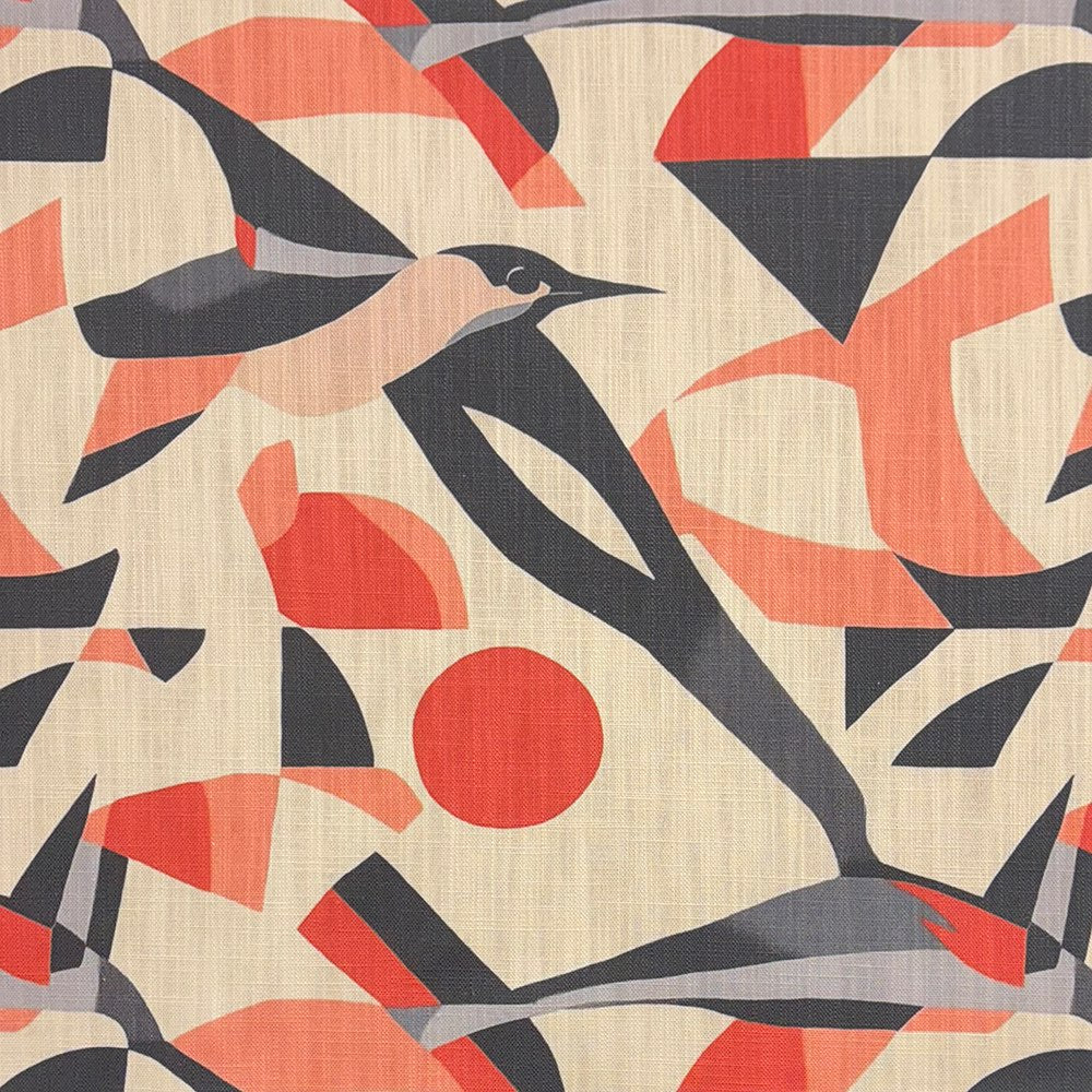 Bird curtain fabric with flying bird motifs and orange geometric shapes printed on textured linen fabric