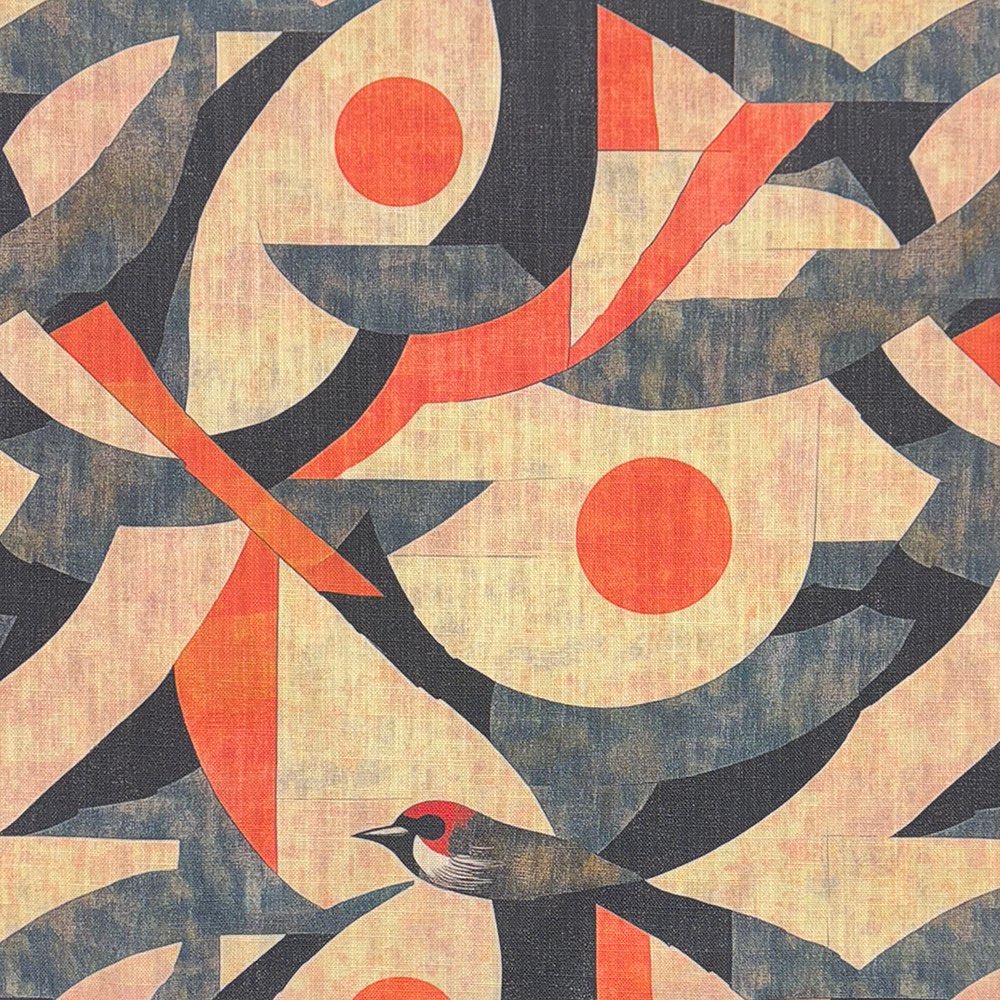 Bird curtain fabric with abstract geometric shapes and stylised birds in orange and charcoal tones on linen texture