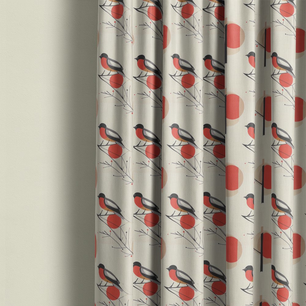 Bird curtain fabric used for curtains featuring minimalist bird design with branches and soft red tones