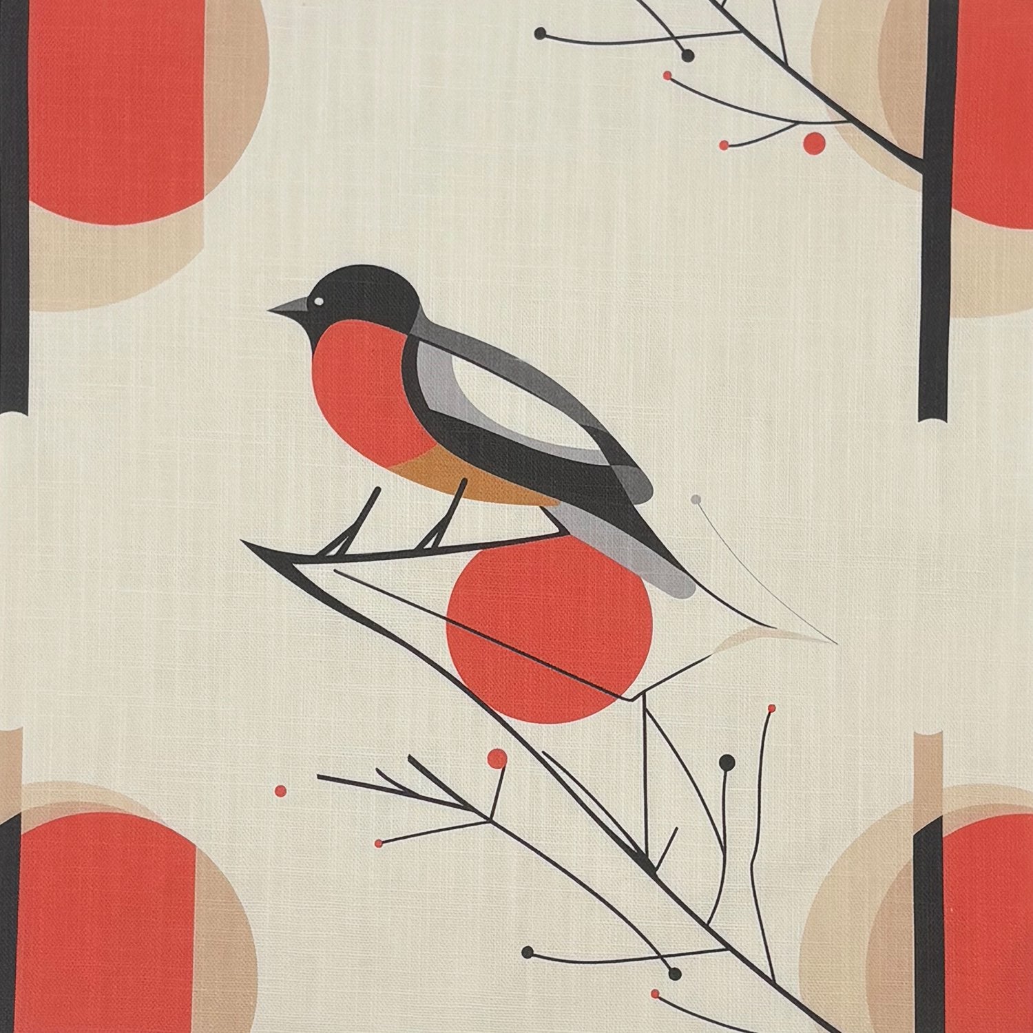 Bird curtain fabric with perched birds on branches and red circular accents printed on textured linen fabric