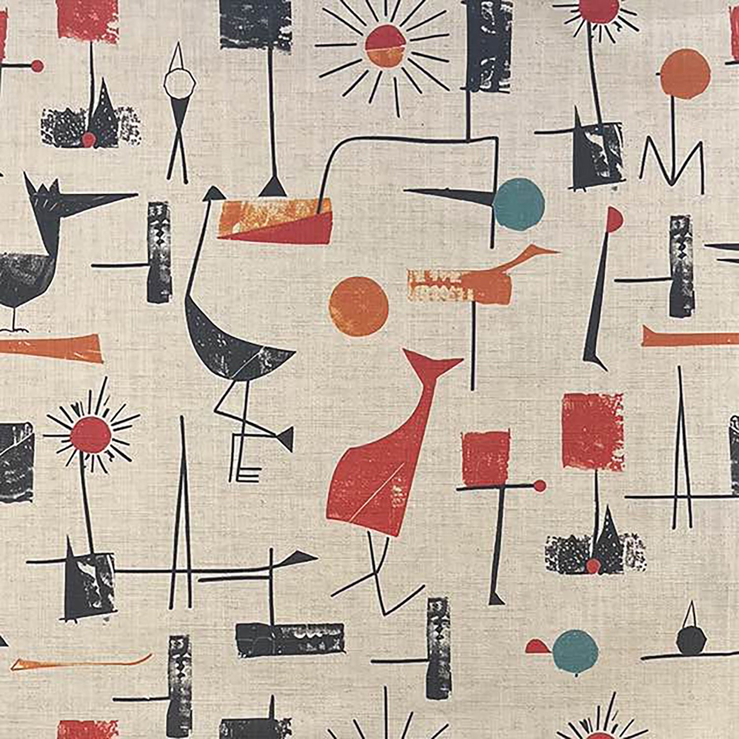 Bird curtain fabric with abstract bird pattern in charcoal and terracotta tones on natural linen style fabric