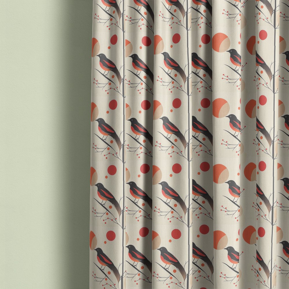 Bird curtain fabric used for curtains featuring minimalist bird design with branches and warm red tones