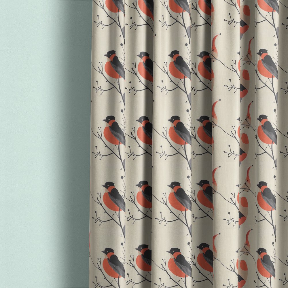 Bird curtain fabric used for curtains featuring repeating bird pattern with branches and soft red tones