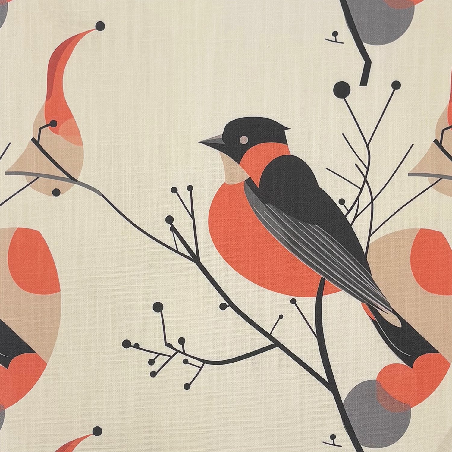 Bird curtain fabric with perched birds on branches and red circular accents printed on textured linen basecloth