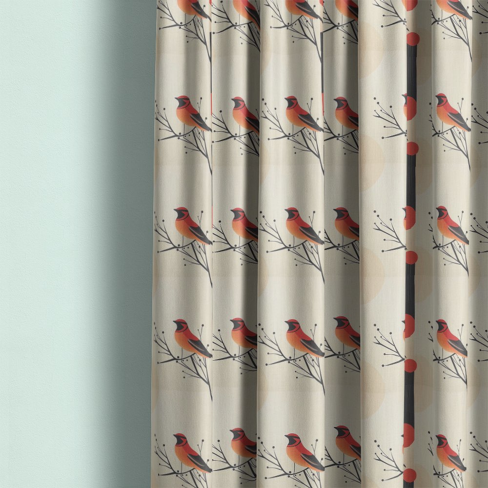 Bird curtain fabric used for curtains featuring contemporary bird design with branches and warm tonal accents