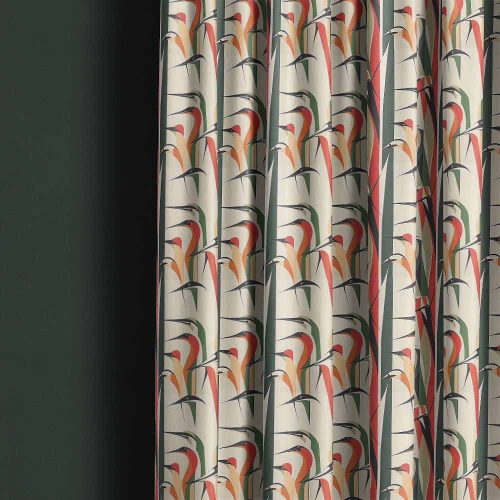 Bird curtain fabric used for curtains featuring tall stylised bird pattern with green and red colour accents