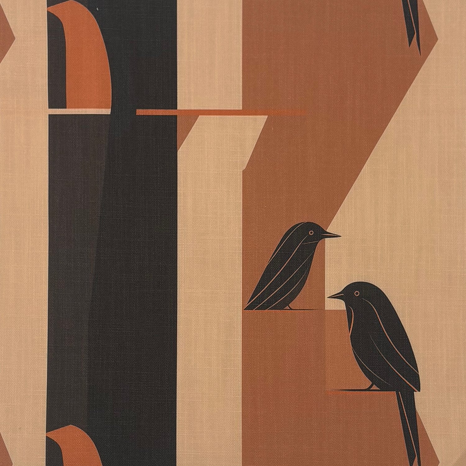 Bird curtain fabric with small black bird motifs on brown and beige geometric background printed on textured linen fabric