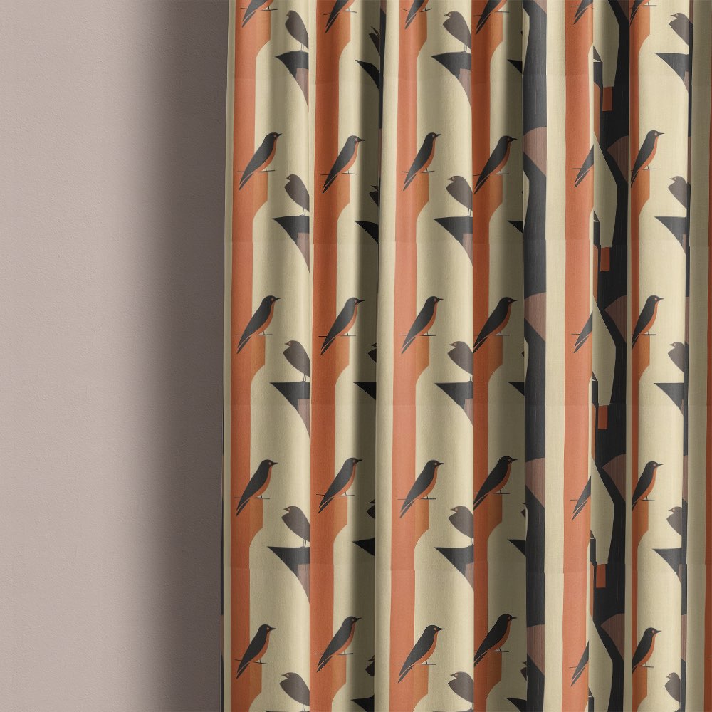 Bird curtain fabric used for curtains featuring vertical terracotta stripes with subtle bird pattern on textured linen