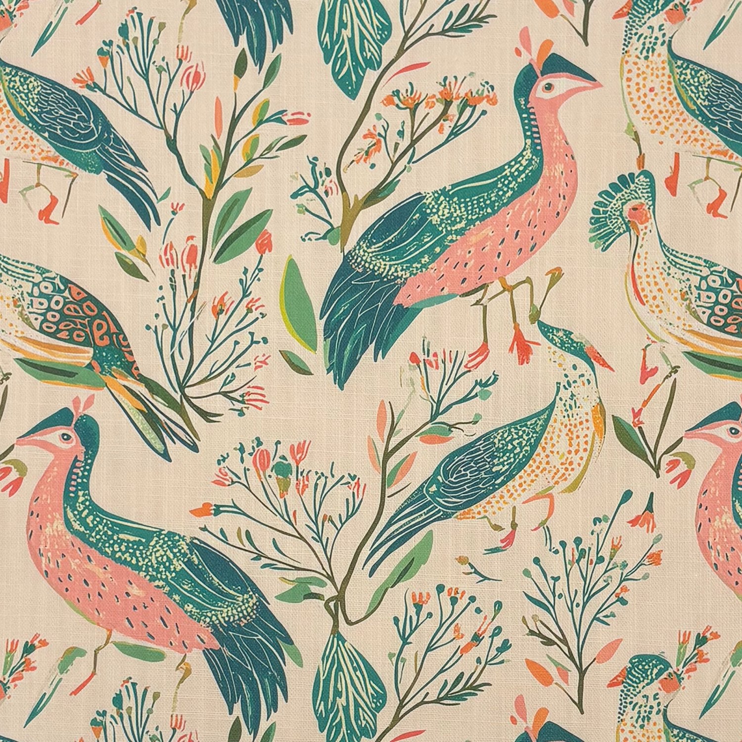 Bird curtain fabric with pink and green bird motifs and floral detailing on beige linen textured fabric