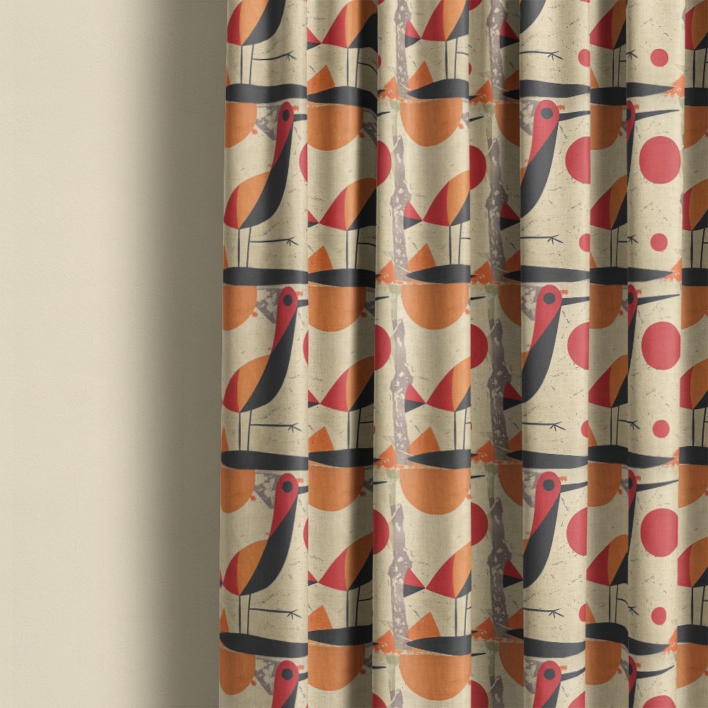 Bird curtain fabric used for patterned curtains featuring stylised bird motif with geometric shapes on natural linen background
