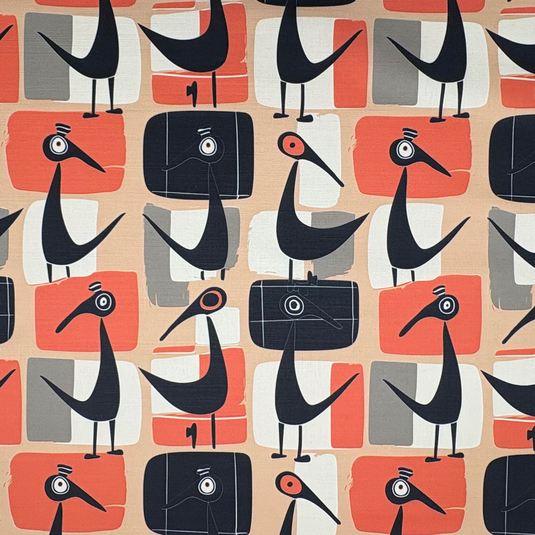 Bird curtain fabric with stylised black bird illustrations and orange geometric pattern on natural linen background