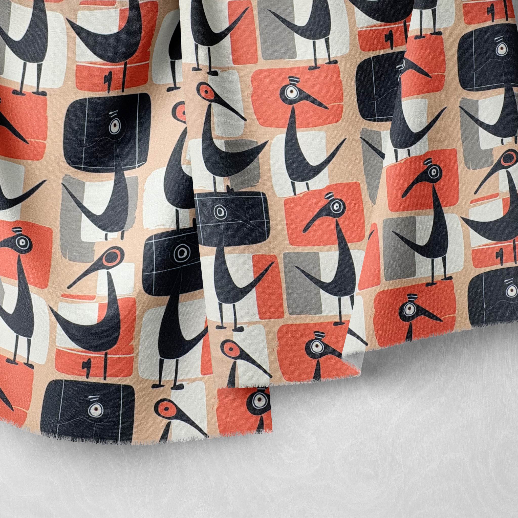 Bird curtain fabric used for curtains featuring mid-century style birds with orange geometric shapes on natural linen fabric