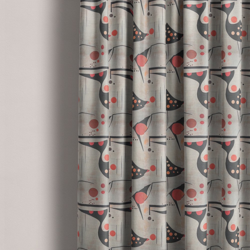 Bird curtain fabric used for curtains featuring stylised bird motif with coral circular accents on neutral linen fabric