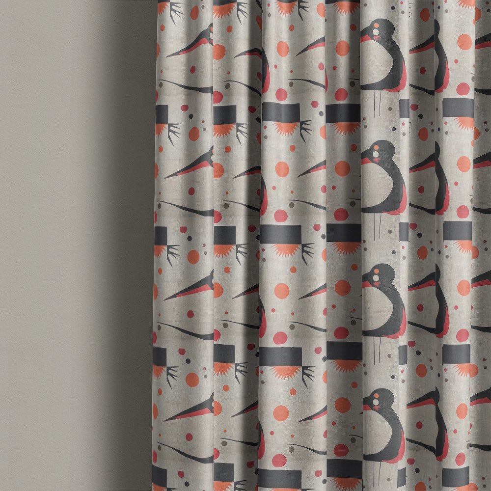 Bird curtain fabric used for patterned curtains featuring stylised bird motif with coral circular accents on neutral linen fabric