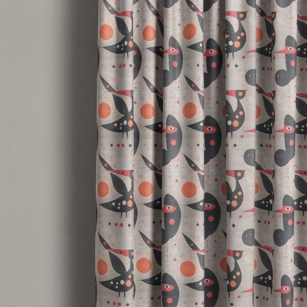 Bird curtain fabric used for curtains featuring bold stylised bird pattern with coral circles on natural linen fabric