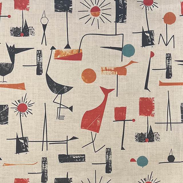 Bird No.2 Upholstery Fabric – abstract bird pattern with sunburst details on neutral base