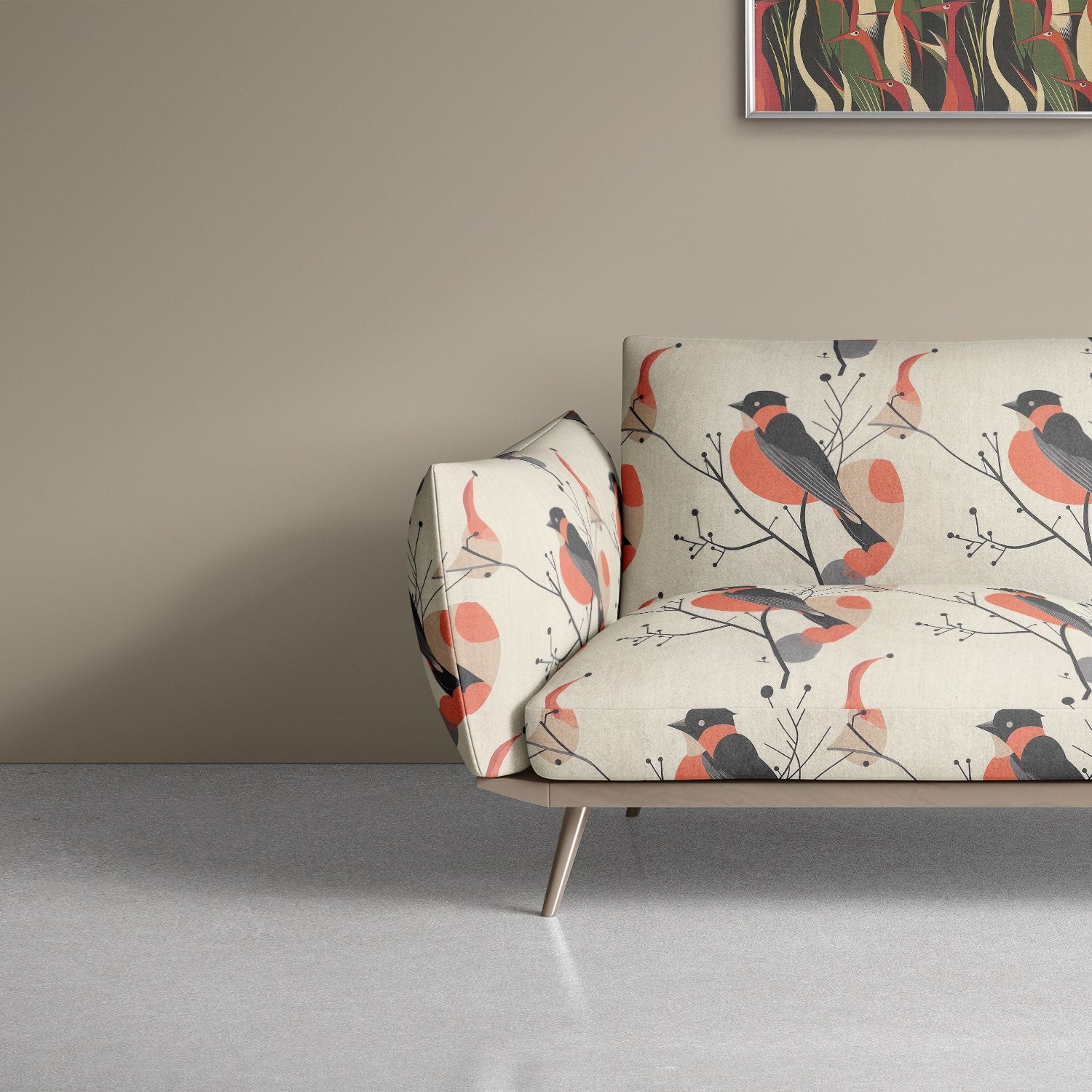 Sofa upholstered in Bird No.31 linen blend upholstery fabric with bold modern bird design