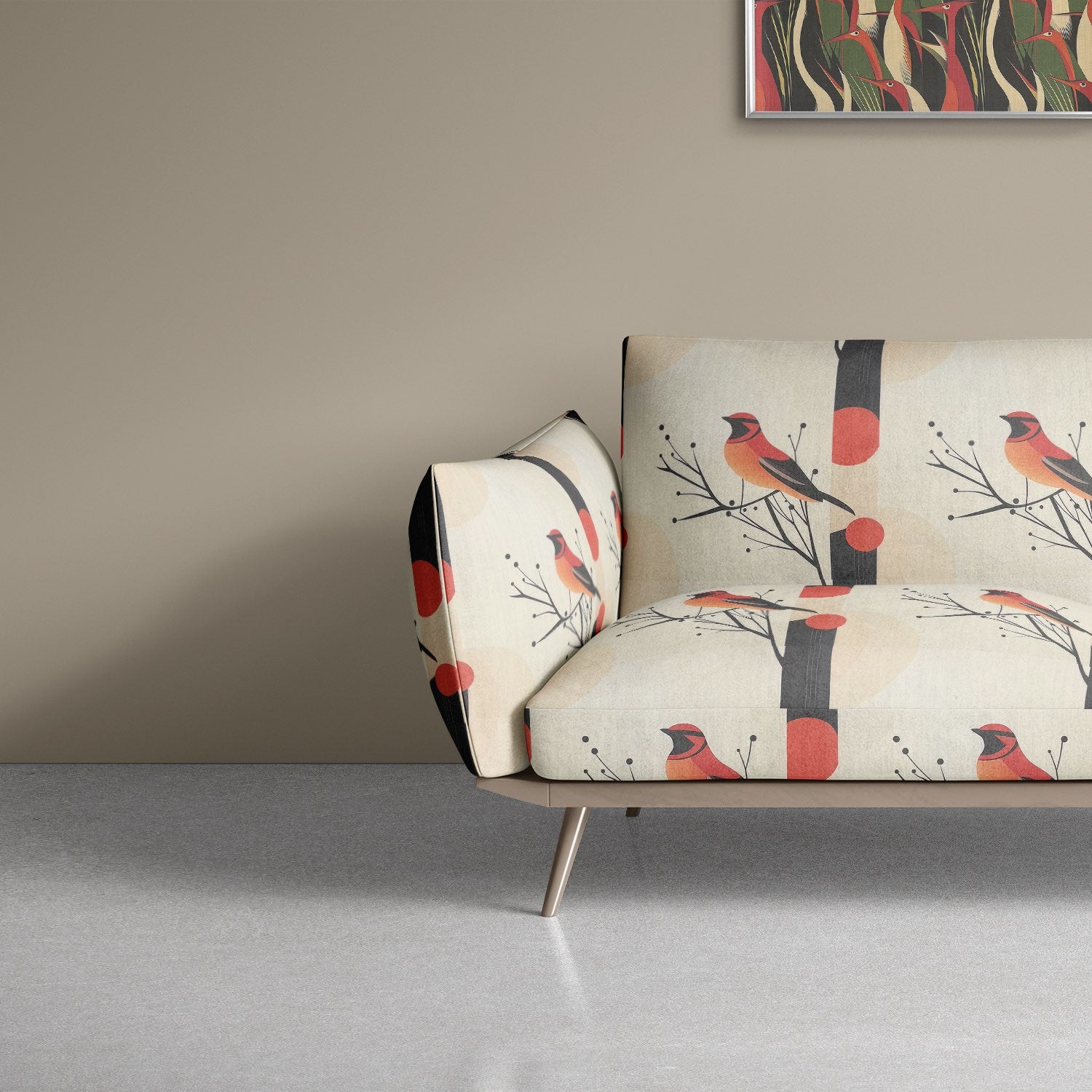 Bird No.32 upholstery fabric on a modern sofa with mid-century bird and branch design