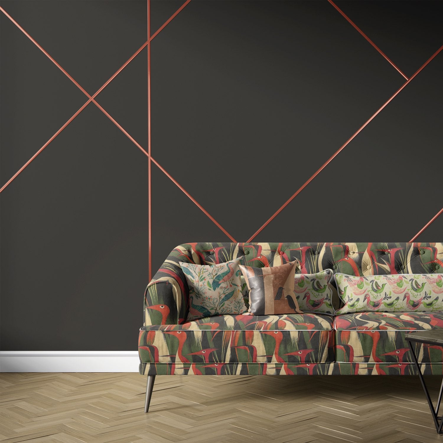 Bird No.35 upholstery fabric sofa in red, cream, and green bird design