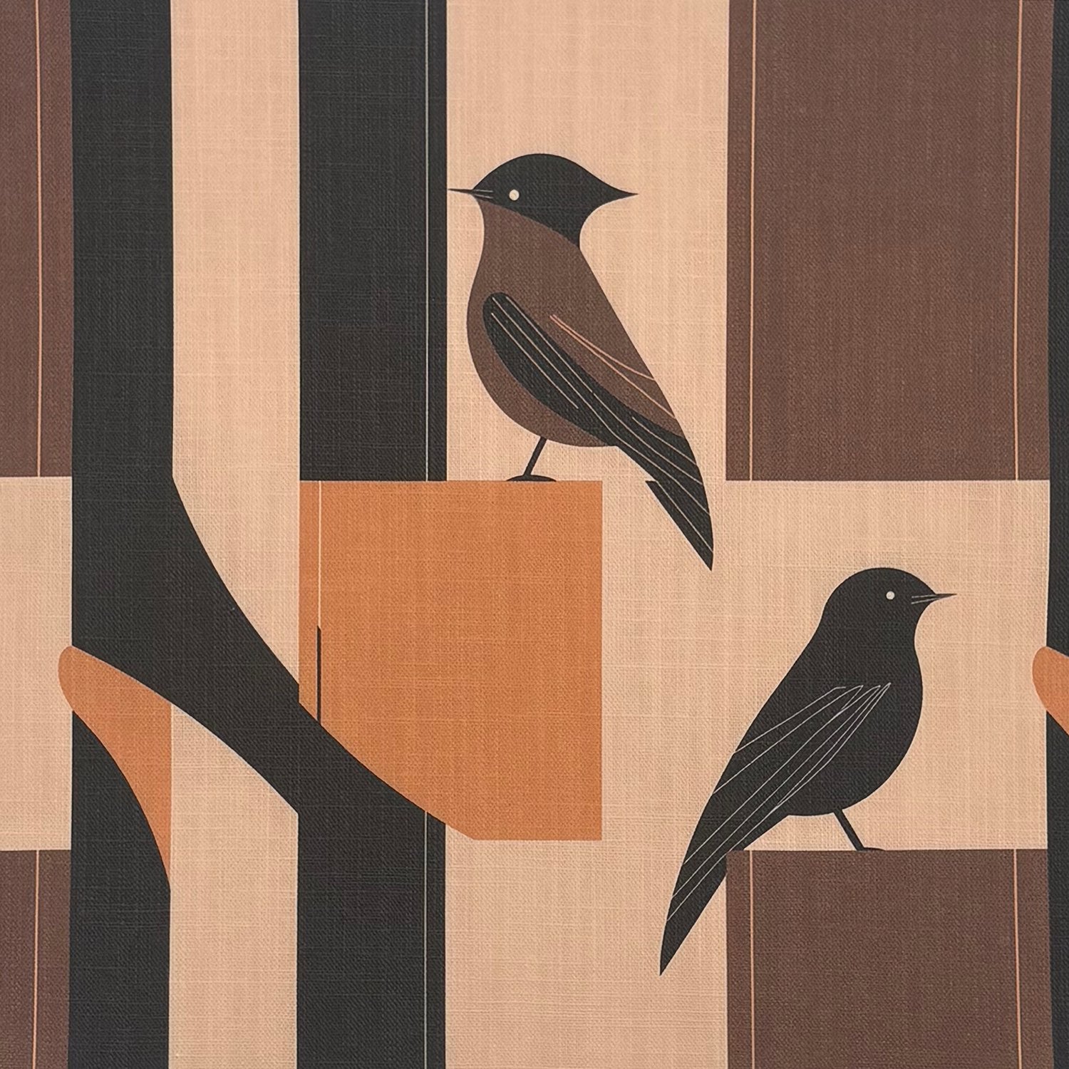 Bird No.37 warm ochre and chestnut bird pattern upholstery fabric flat sample