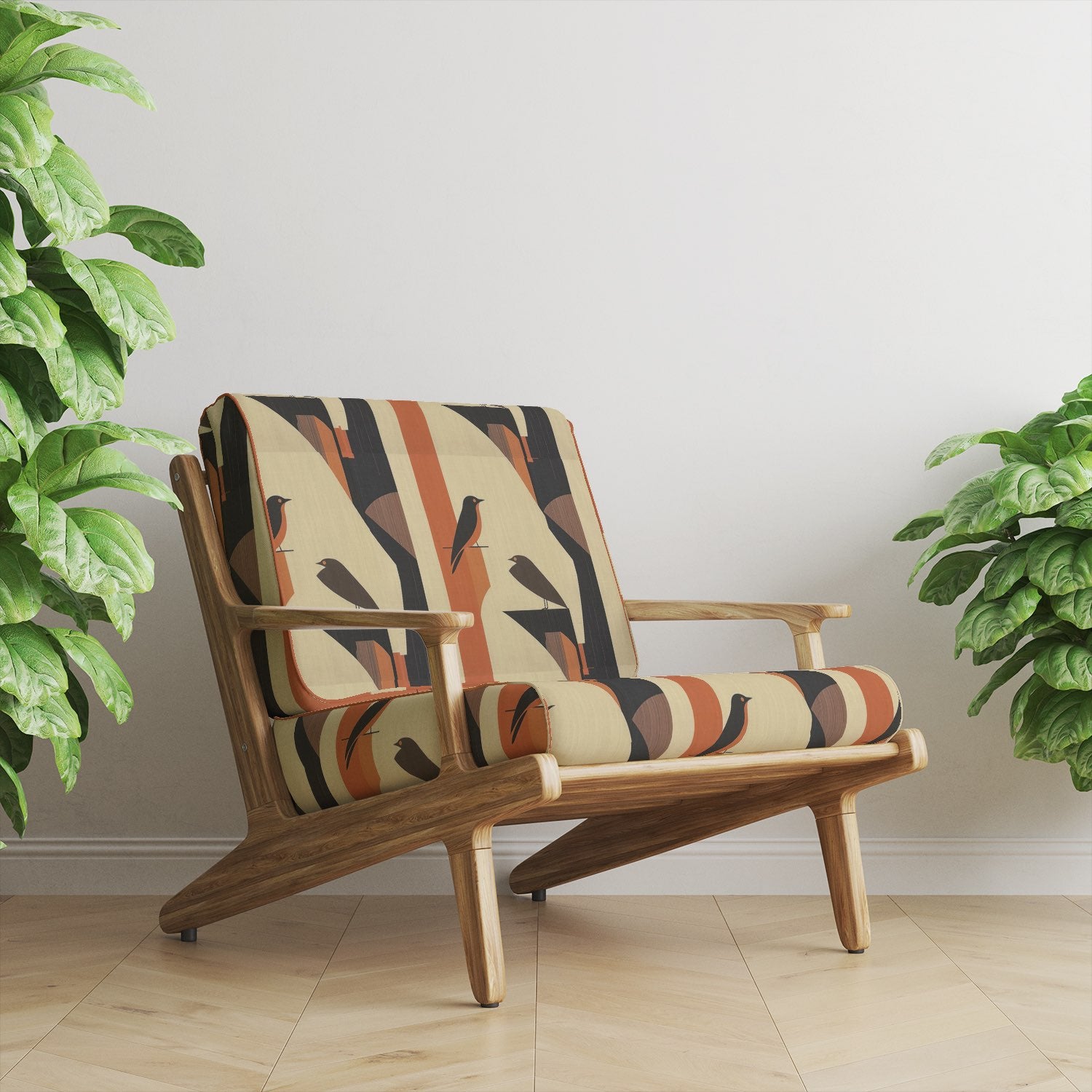 Bird No.38 burnt orange and charcoal bird print upholstery fabric on mid-century wooden chair – in situ