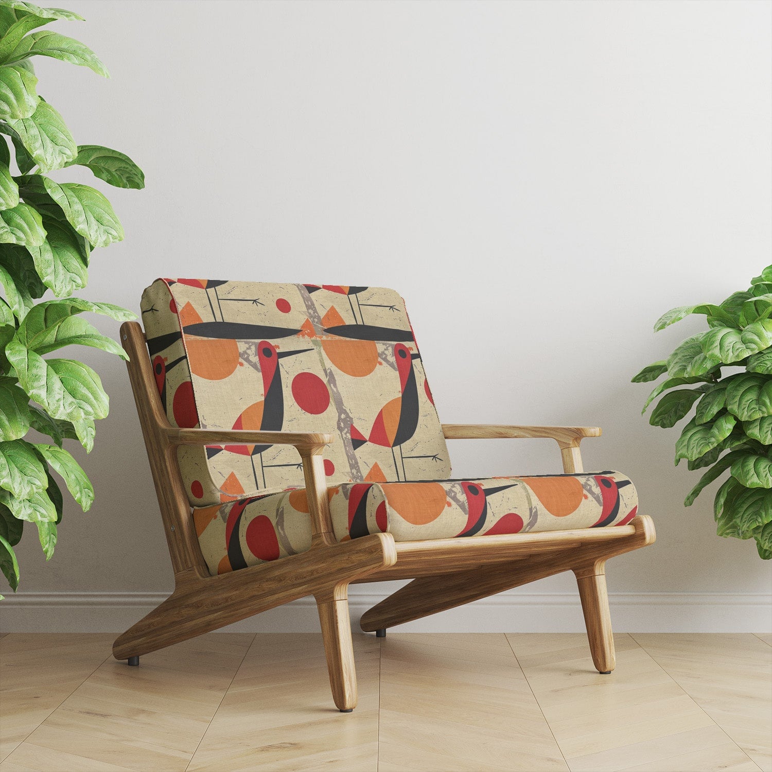 Modern armchair upholstered in Bird No.3 fabric with abstract red bird design