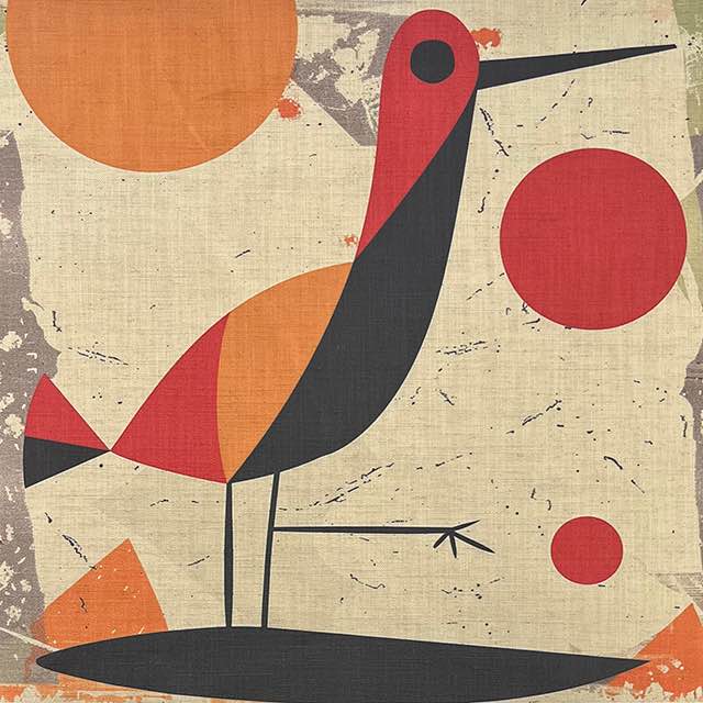 Bird No.3 abstract bird upholstery fabric with retro geometric shapes in orange and red