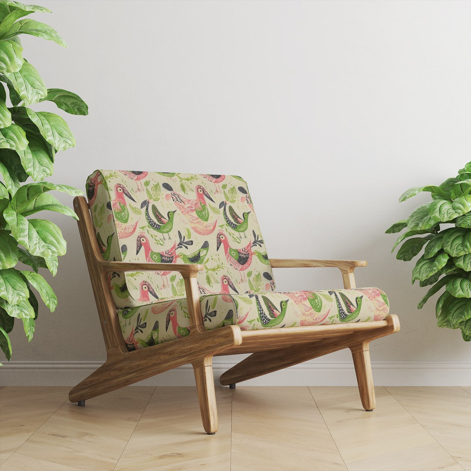 Bird No.40 upholstery fabric on mid-century armchair with green and coral bird pattern