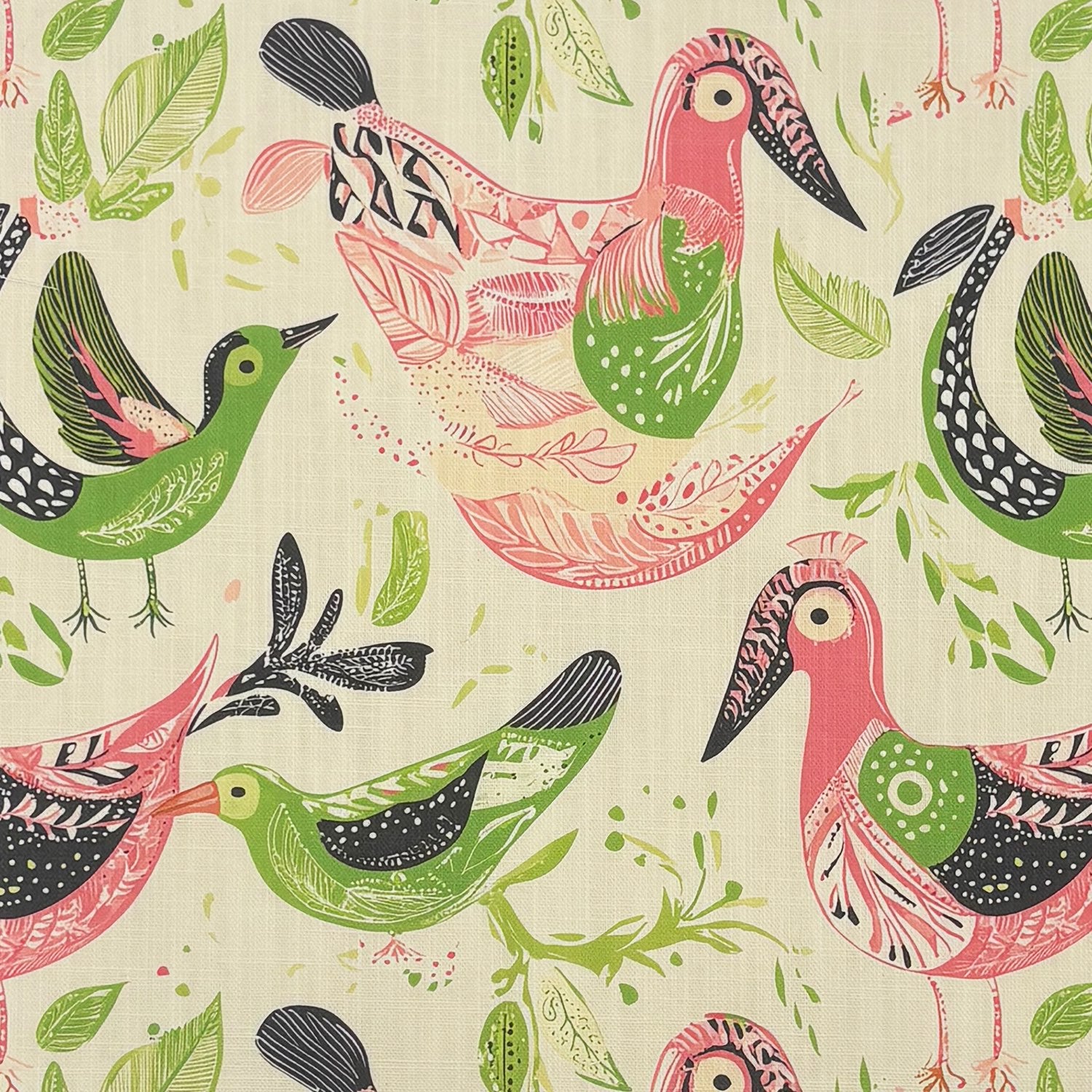 Bird No.40 flat swatch showing green and coral bird pattern on cream background