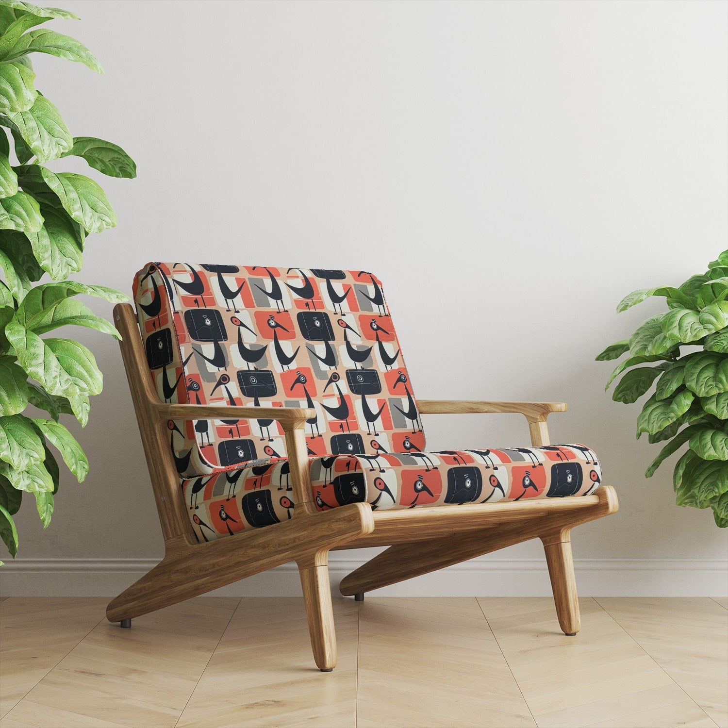 Bold retro Bird No.4 fabric with orange, black, and checked bird motifs, perfect for statement upholstery furniture.