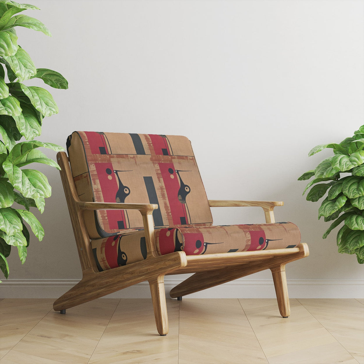 Chair view of Bird No.5 upholstery fabric in neutral palette with red accents and abstract bird design